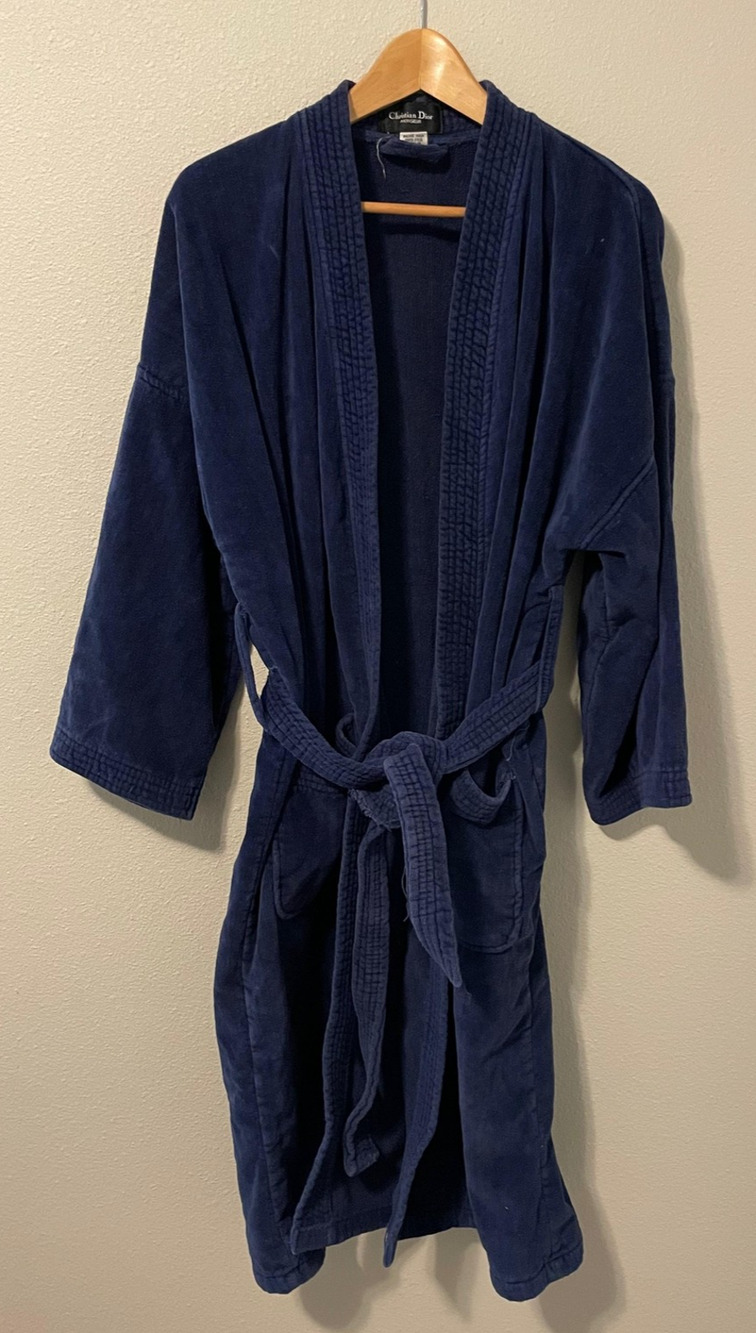 Vintage Christian Dior Monsieur Robe Mens One Size Blue Terry Cotton Belted READ